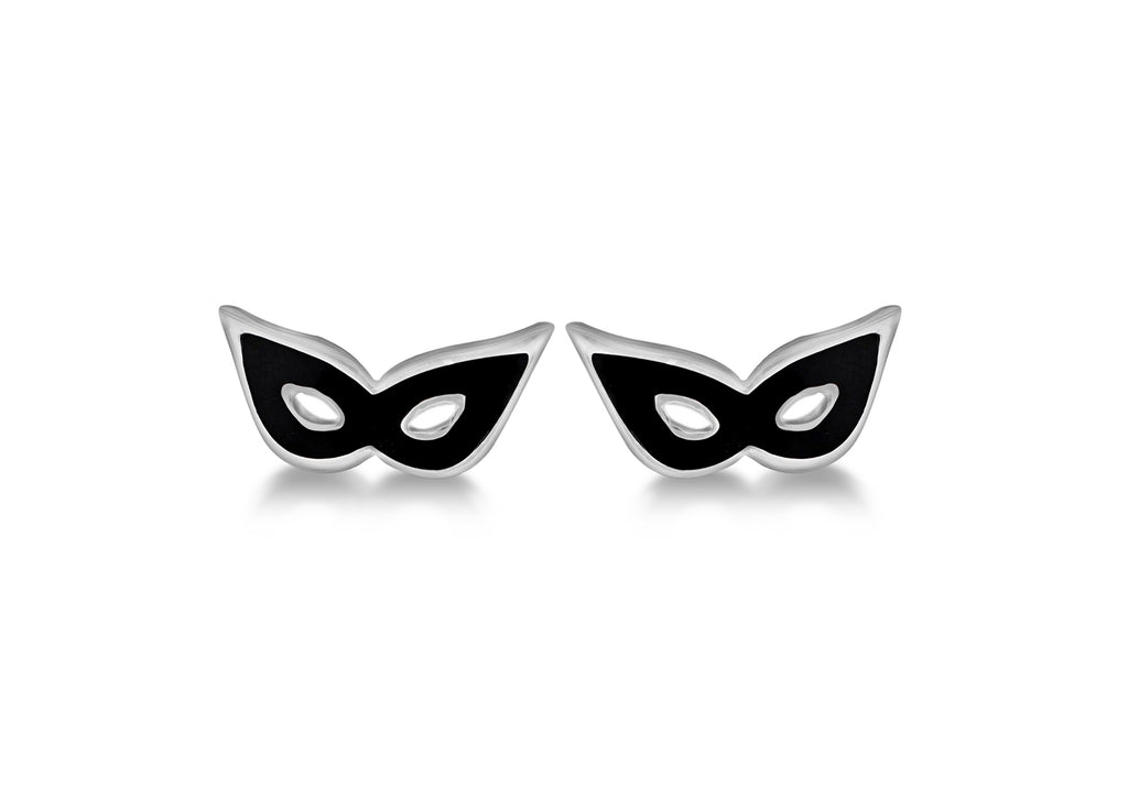 Sterling Silver Mask Rhodium Plated Black Enamel Stud Earrings