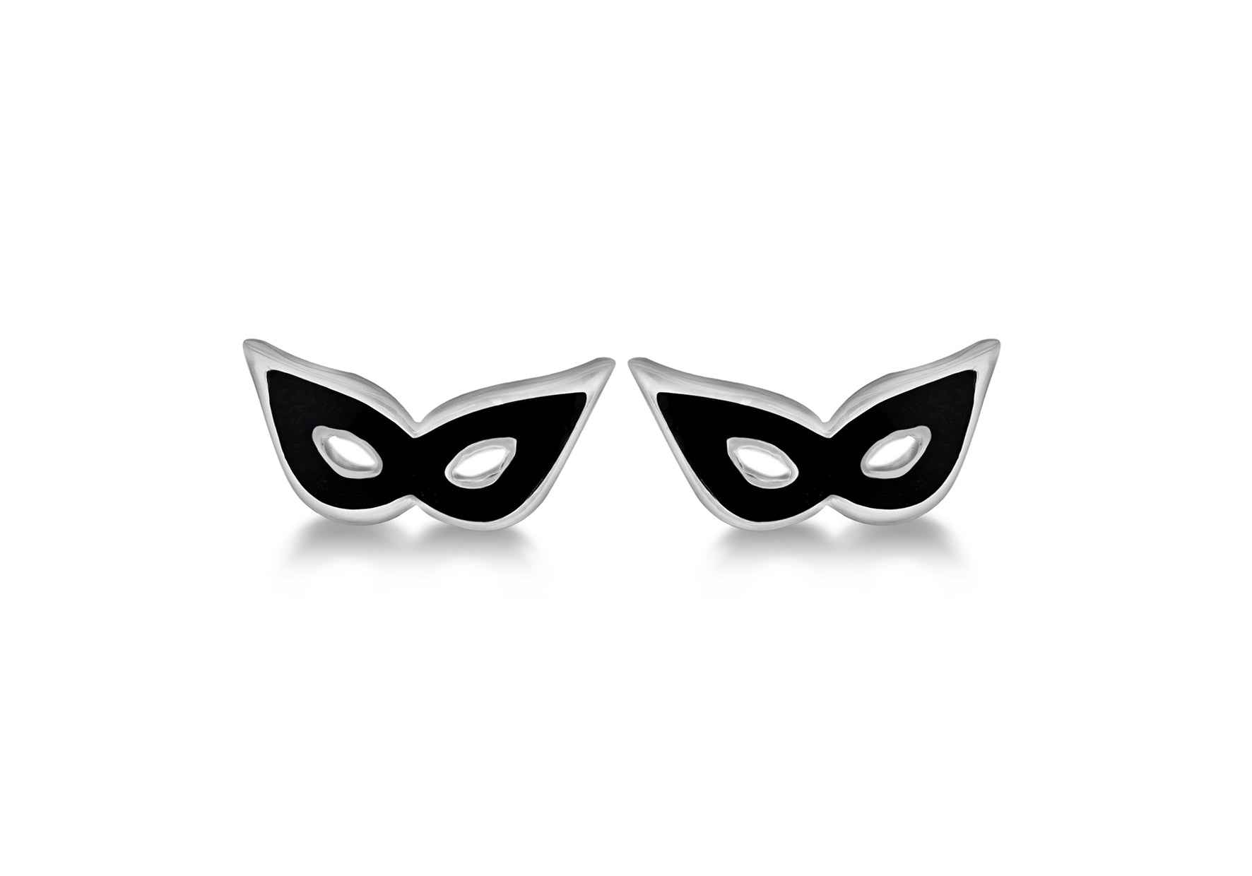 Sterling Silver Mask Rhodium Plated Black Enamel Stud Earrings
