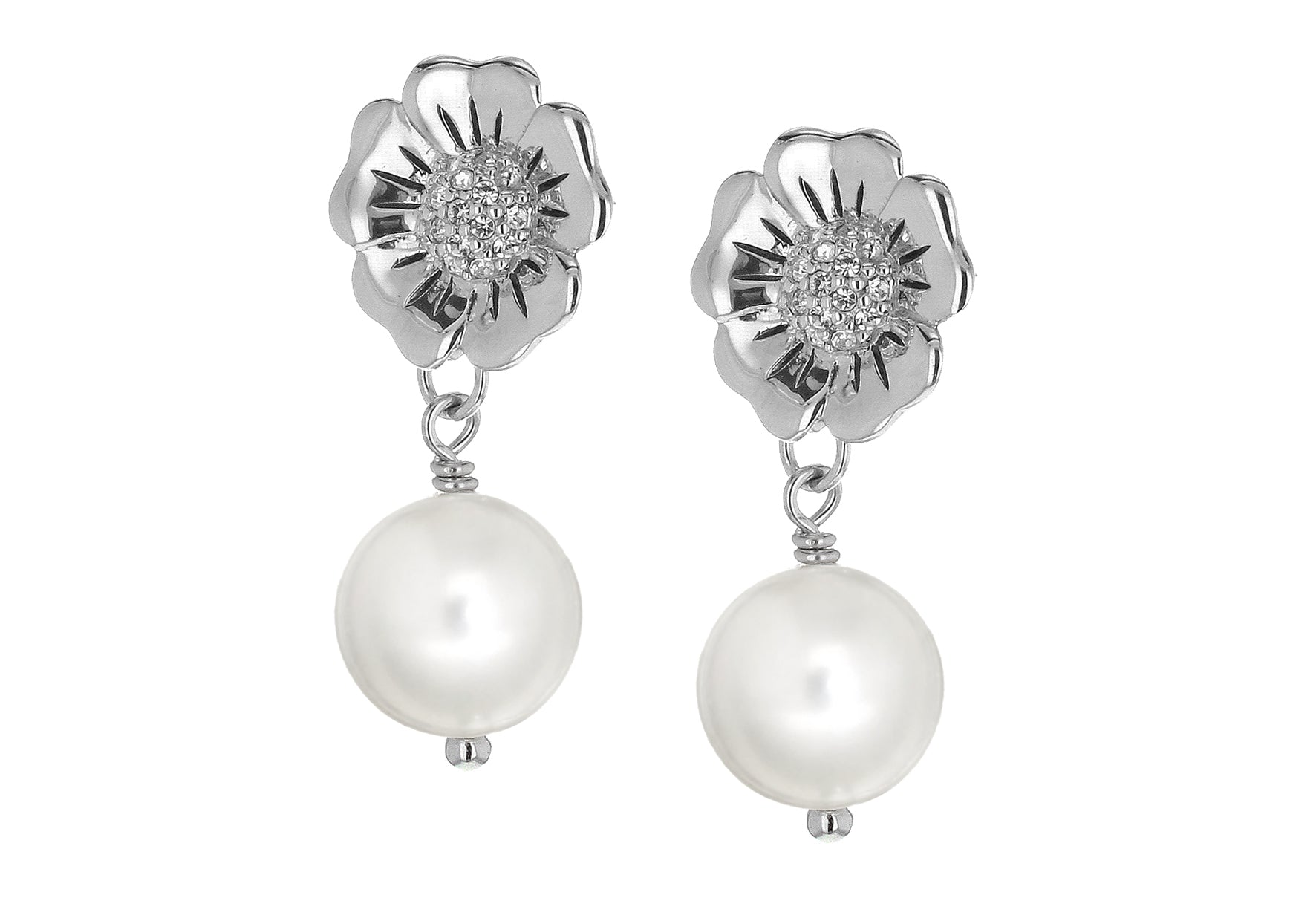 Sterling Silver Rhodium Plated Flower Zirconia and Pearl Drop Earrings