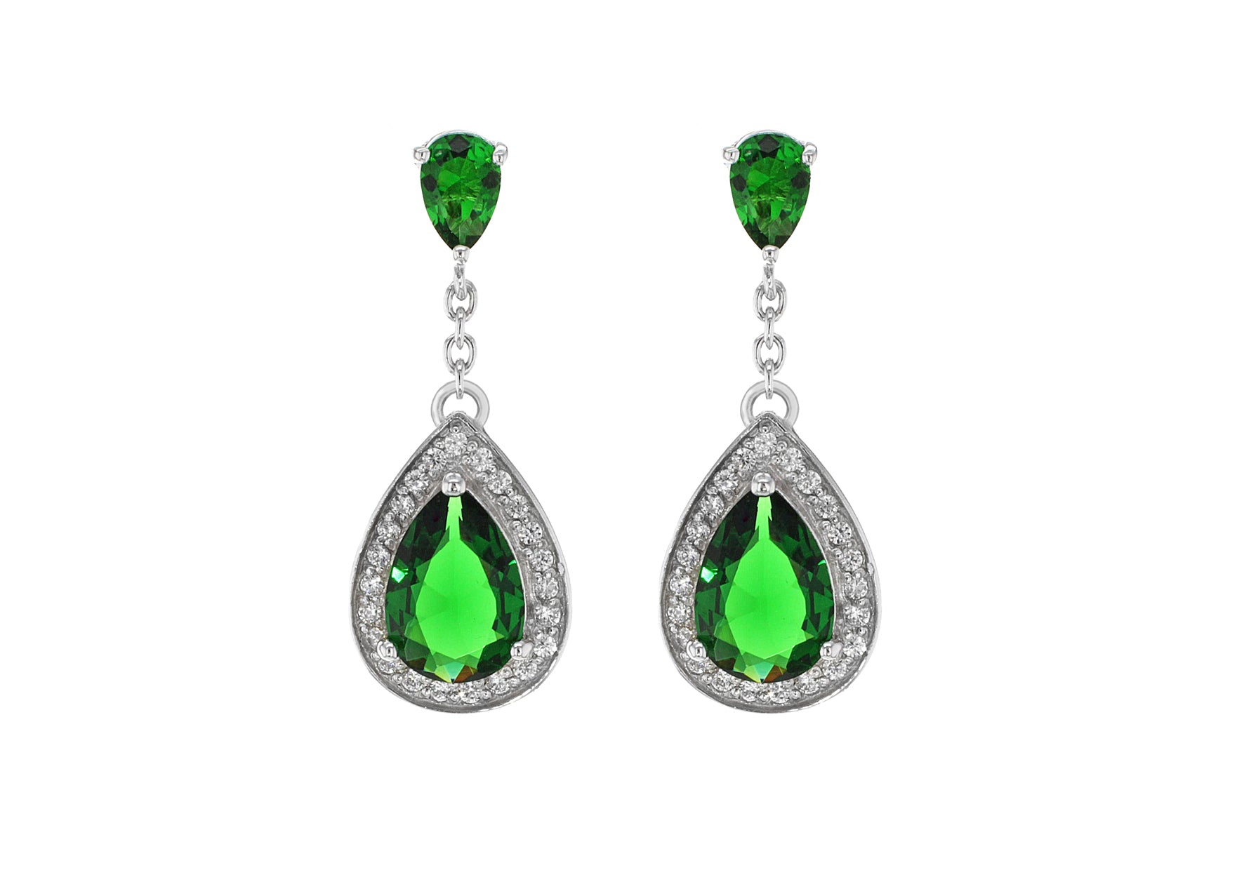 Sterling Silver Green and White Zirconia Stone Set Teardrop Earrings