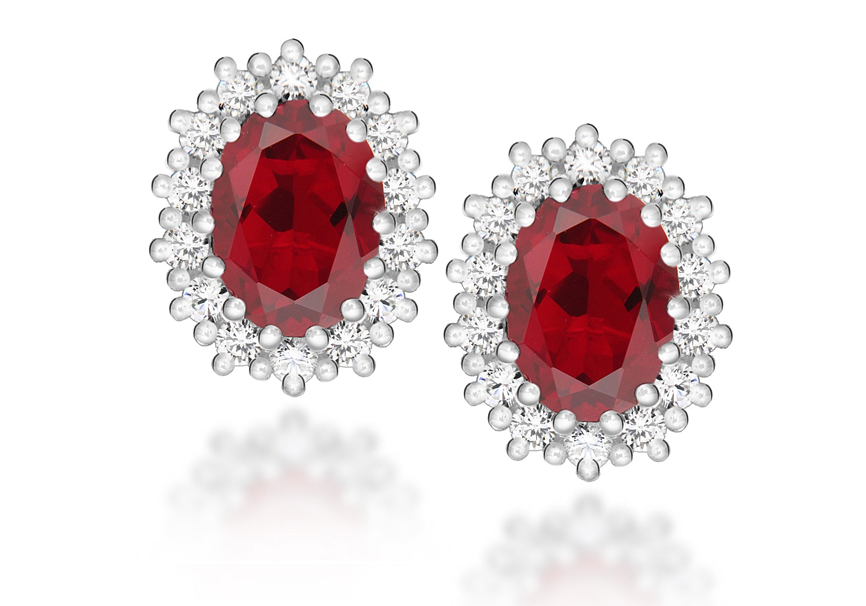 Sterling Silver White Zirconia and Red Crystal Cluster Oval Stud Earrings
