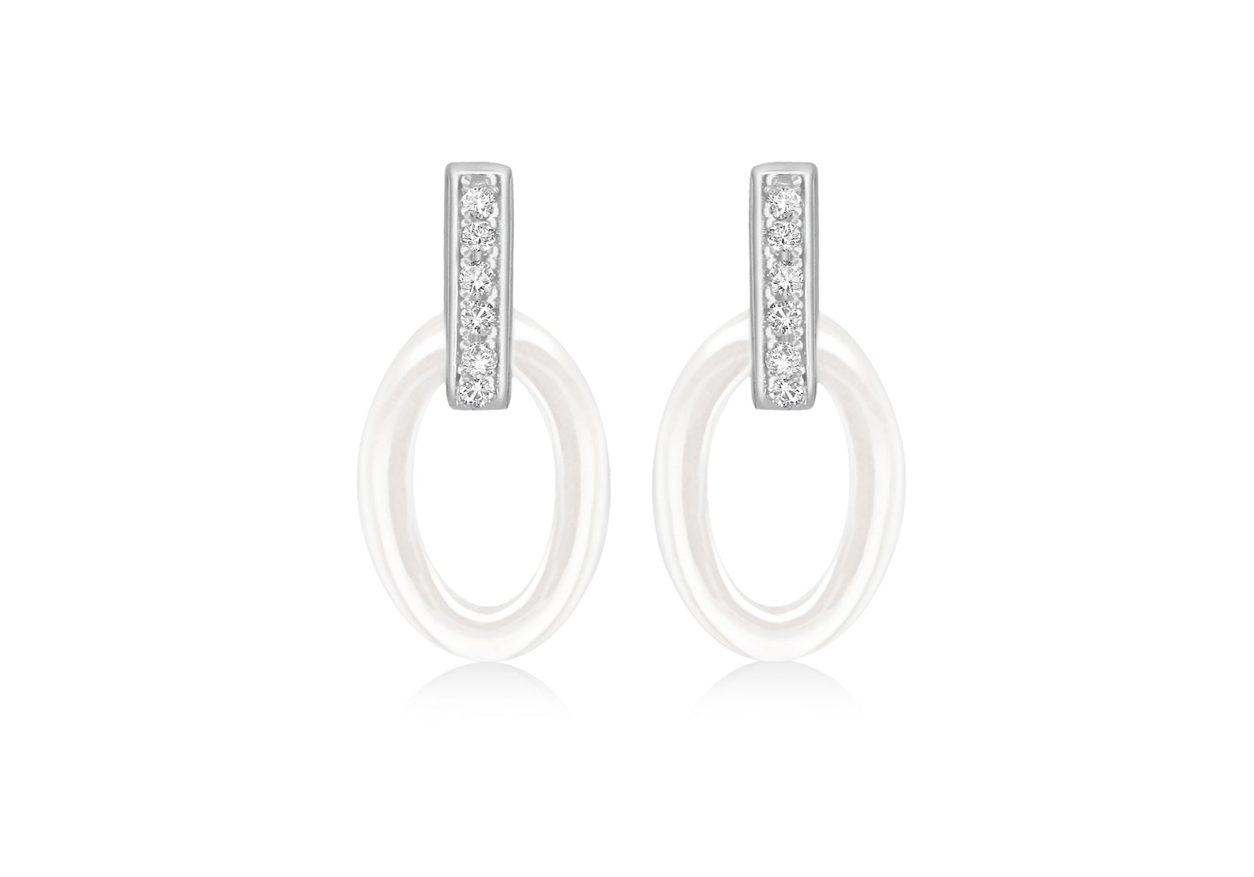 Sterling Silver Rhodium Plated Oval White Ceramic Zirconia Drop Earrings