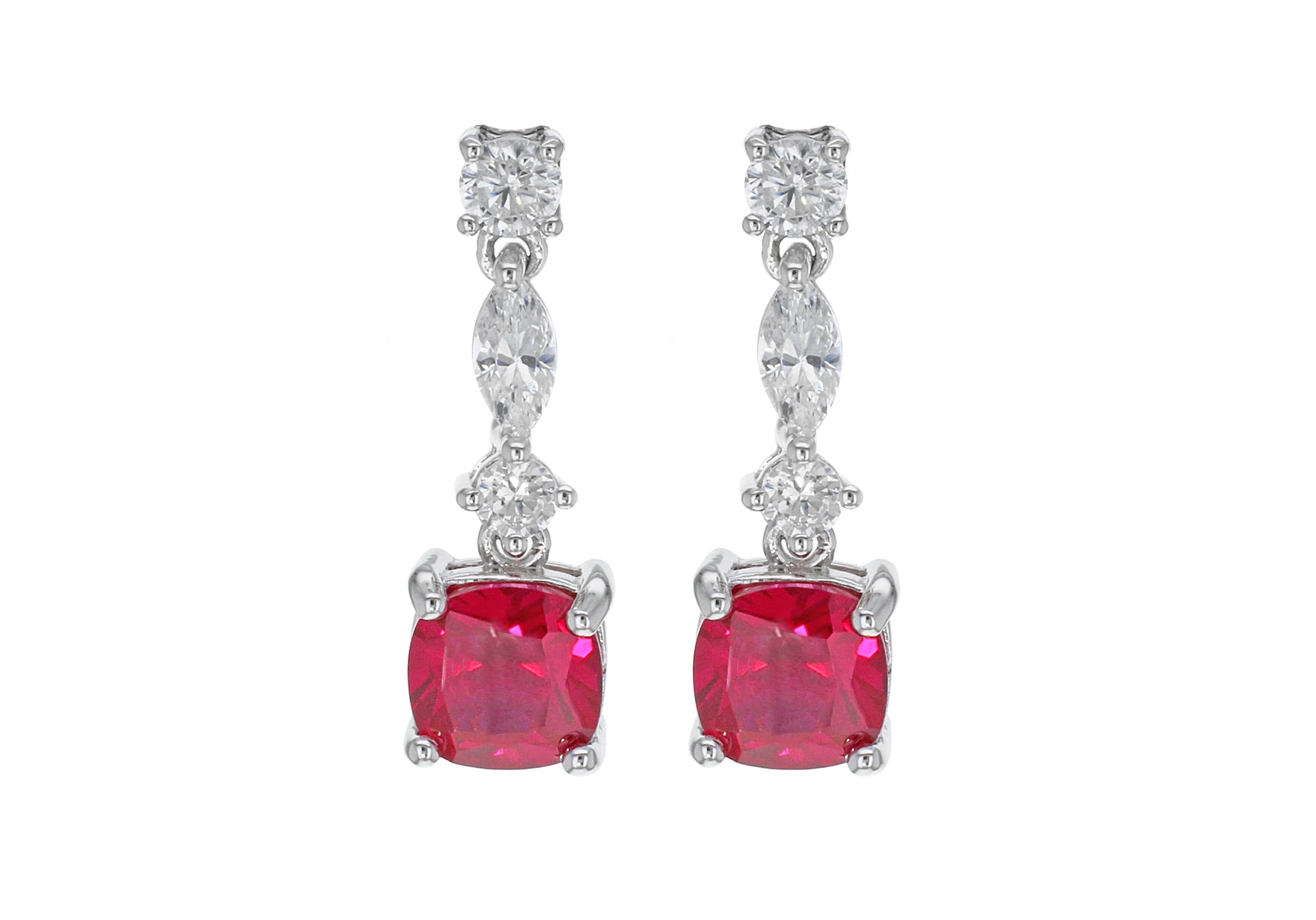 Sterling Silver Rhodium Plated Red and White Zirconia Stone Set Drop Earrings