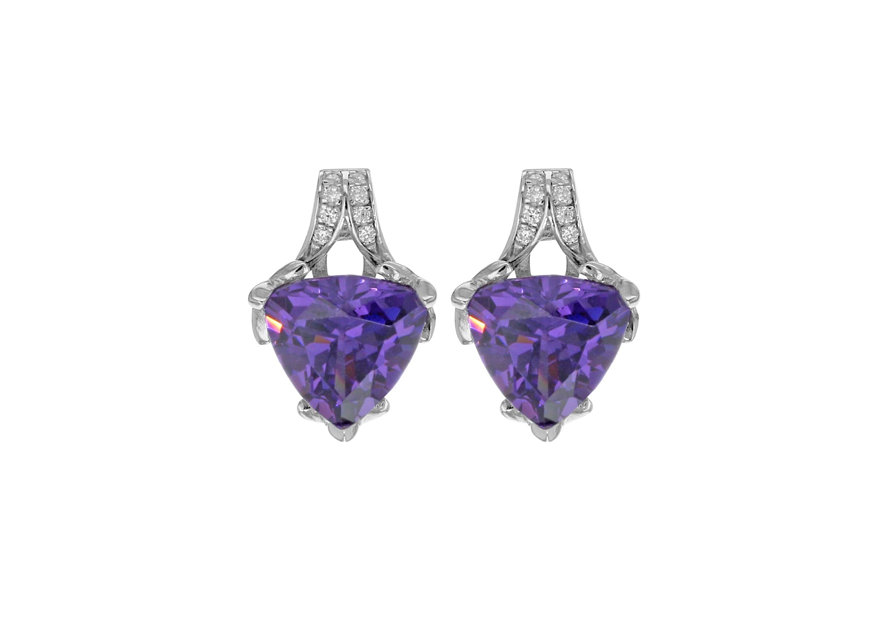 Sterling Silver Rhodium Plated White and Amethyst Zirconia Stud Earrings
