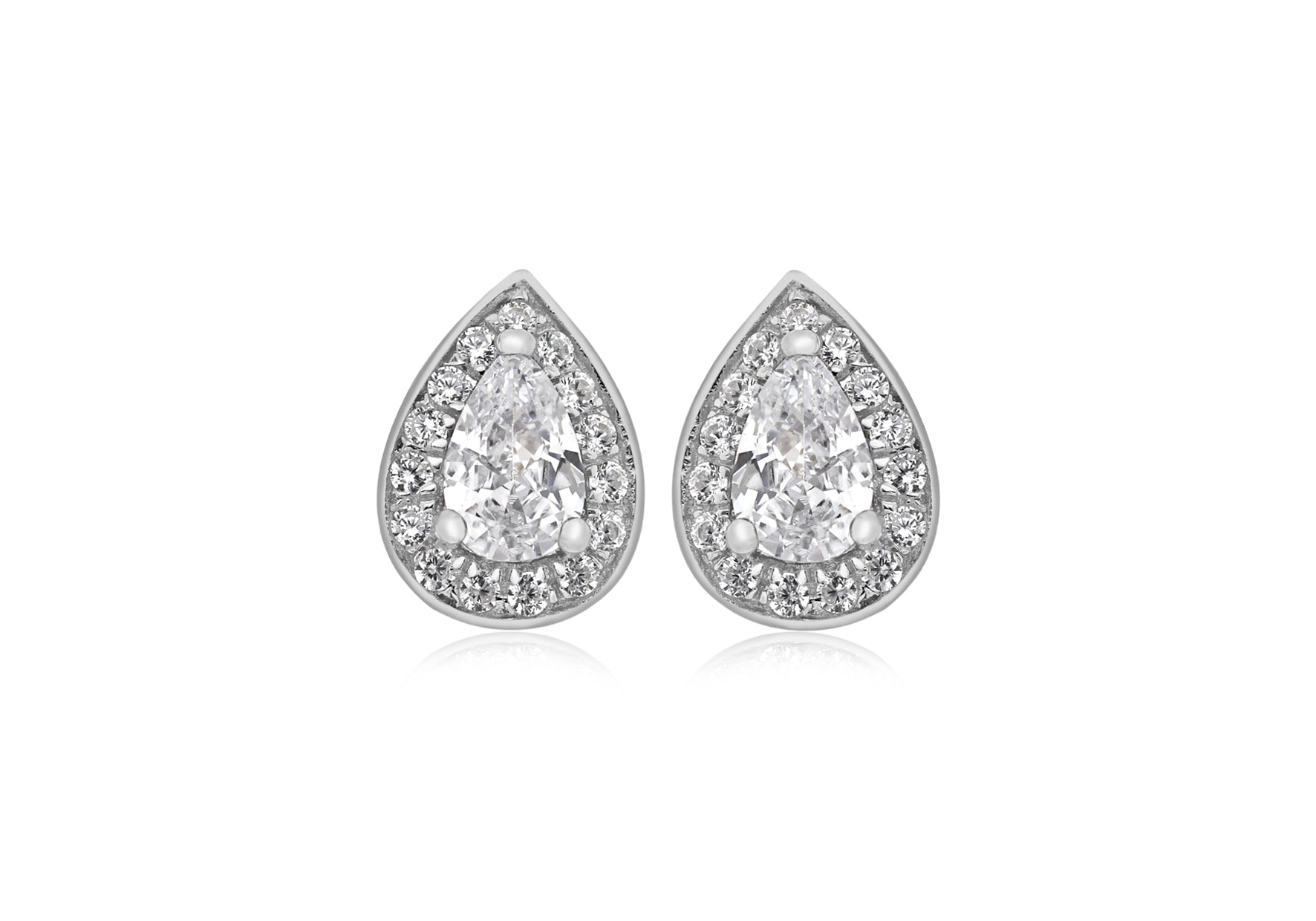 Sterling Silver Rhodium Plated White Zirconia 7.5mm x 10.5mm Teardrop Stud Earrings