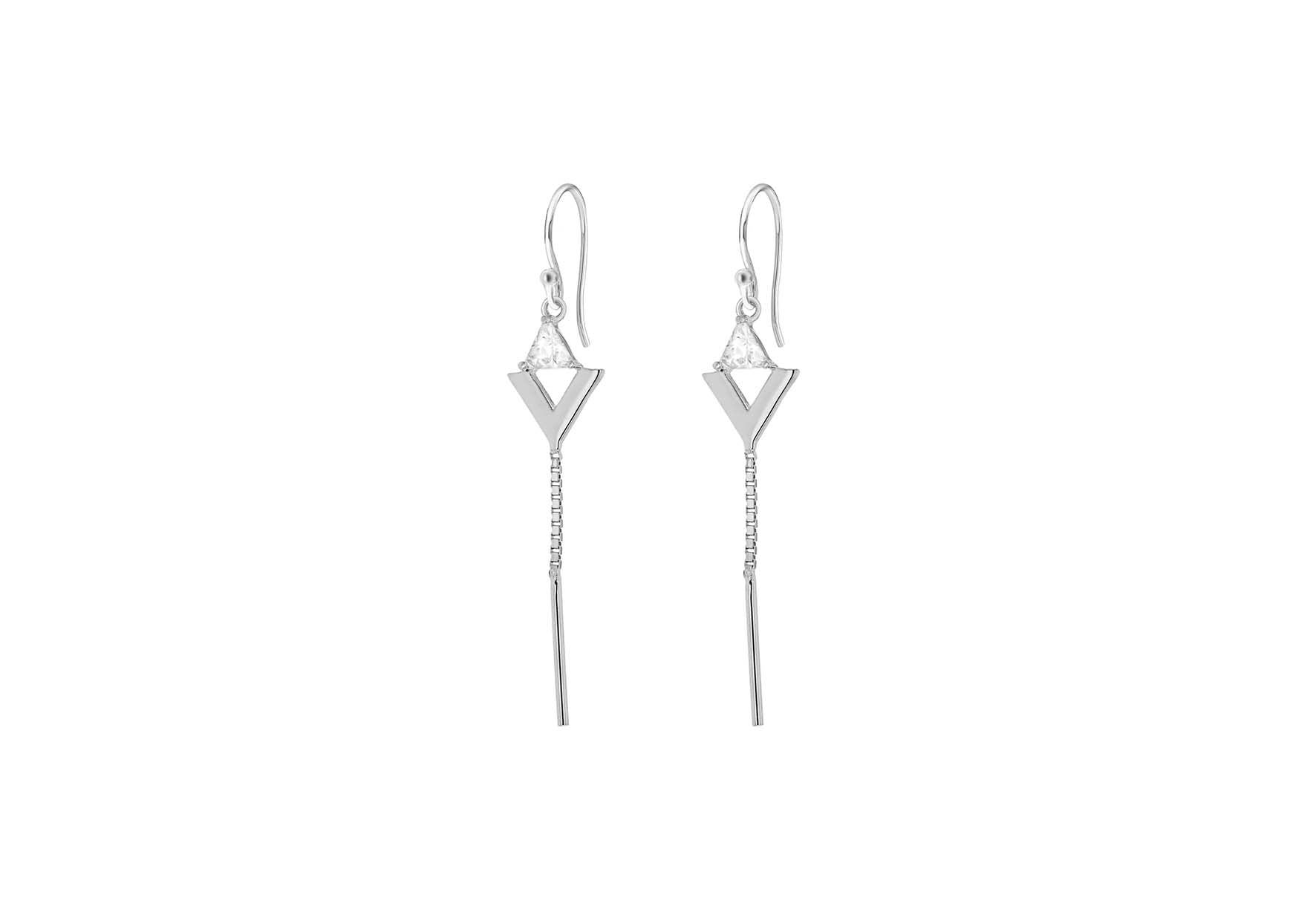 Sterling Silver Rhodium Plated Zirconia Triangle and Chain Drop Earrings