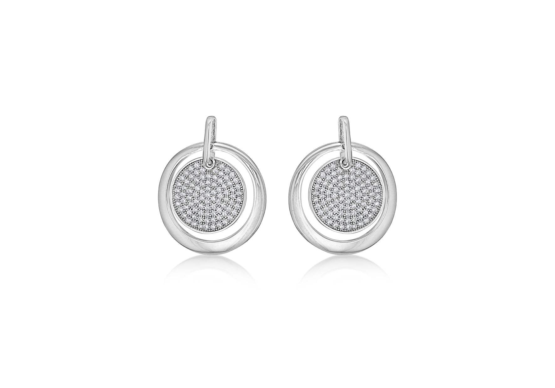 Sterling Silver Rhodium Plated Zirconia Stone Set Disc Circle Drop Earrings