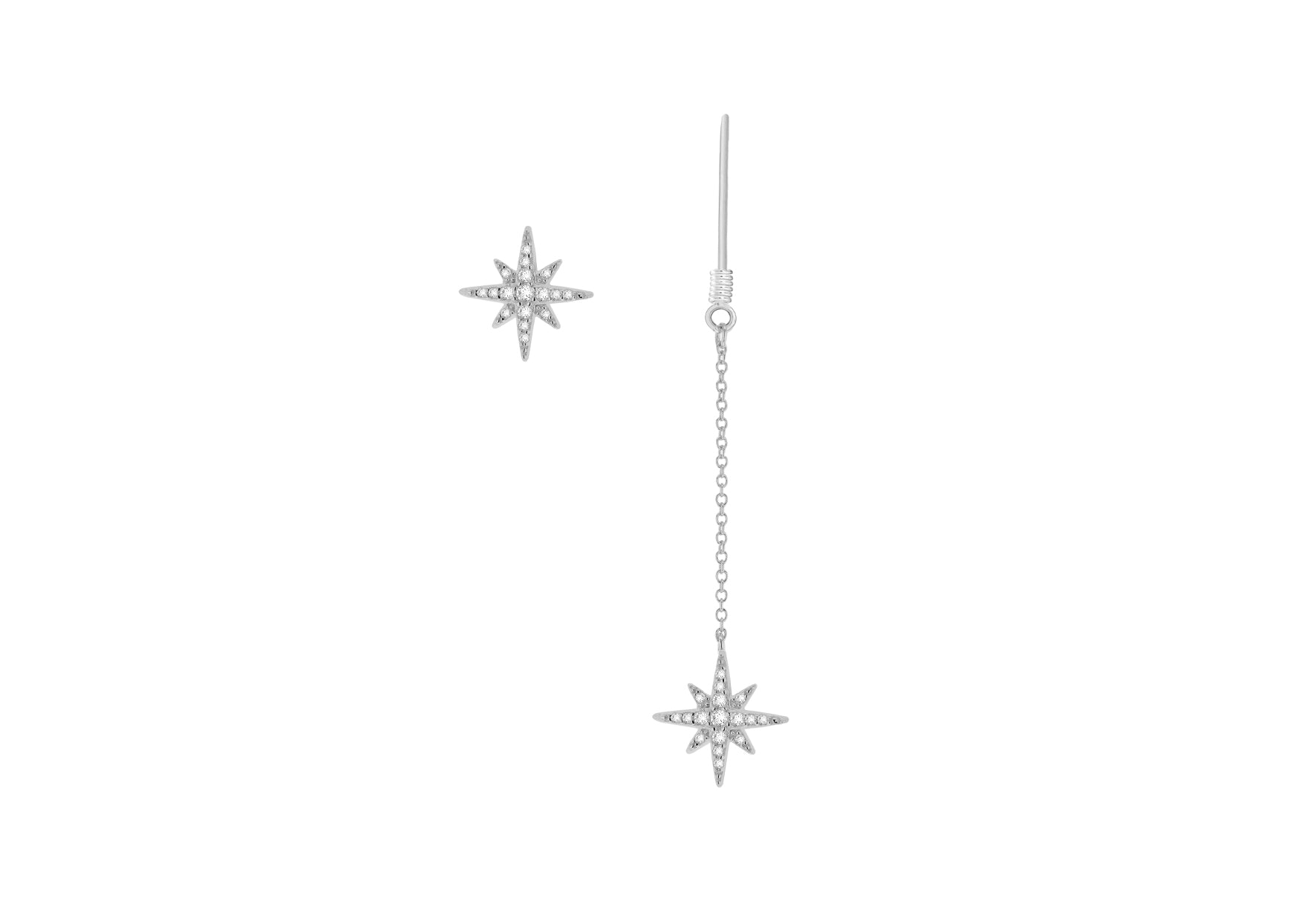 Sterling Silver Rhodium Plated Zirconia Set Star Chain Drop Stud Earrings
