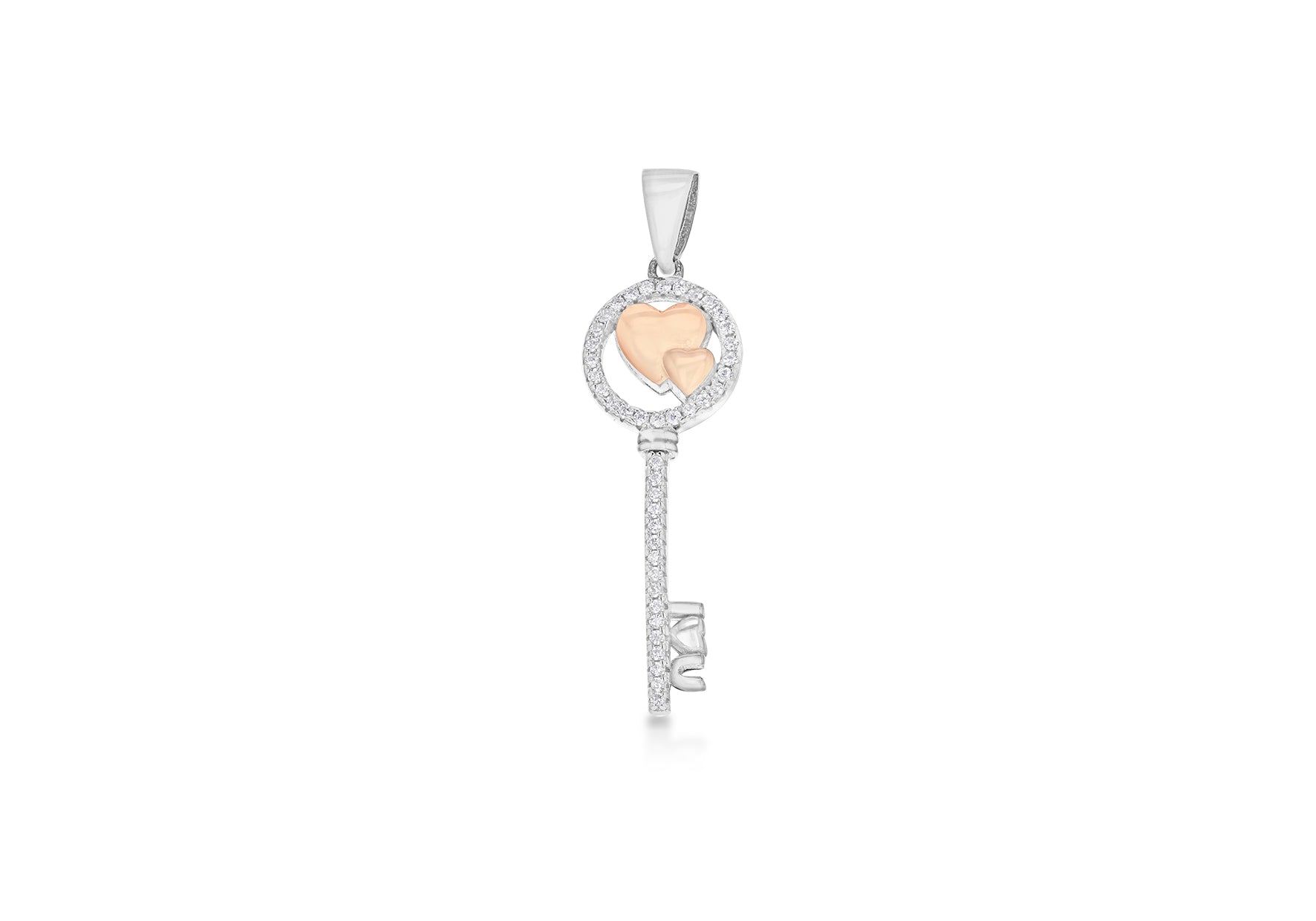 Sterling Silver 2-Tone Zirconia 11.3mm x 40.5mm Double-Heart Key Pendant