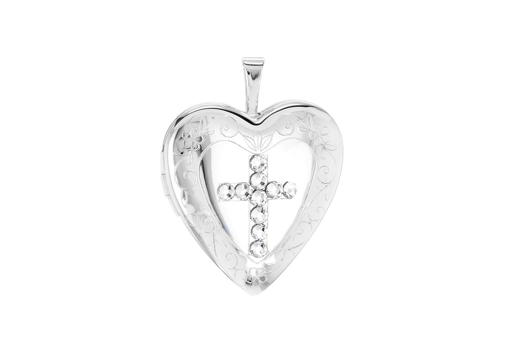 Sterling Silver Etched Detail Zirconia Cross Heart Locket