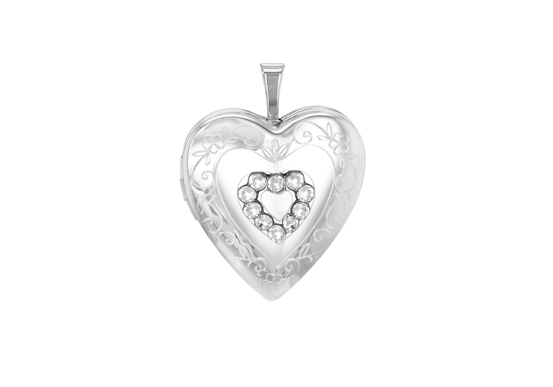 Sterling Silver Zirconia 20mm x 25mm Etched -Detail Heart Locket Pendant