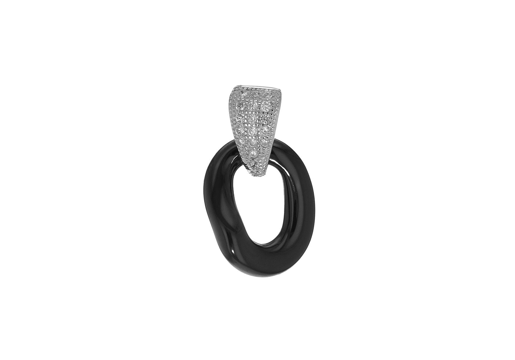 Sterling Silver Rhodium Plated Black Ceramic Zirconia Oval Pendant