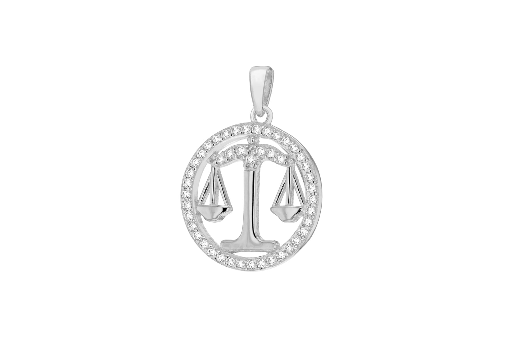 Sterling Silver Rhodium Plated Zirconia 19.3mm x 26.5mm Libra Horoscop Round Pendant