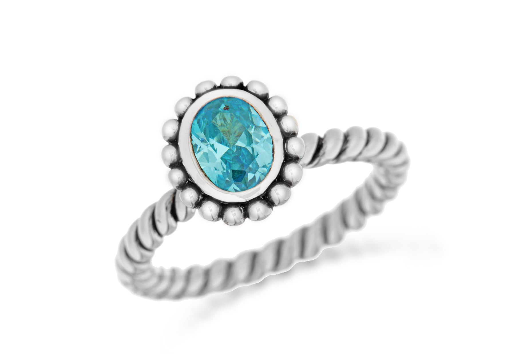 Sterling Silver Rhodium Plated Oval Blue Zirconia Stacking Ring