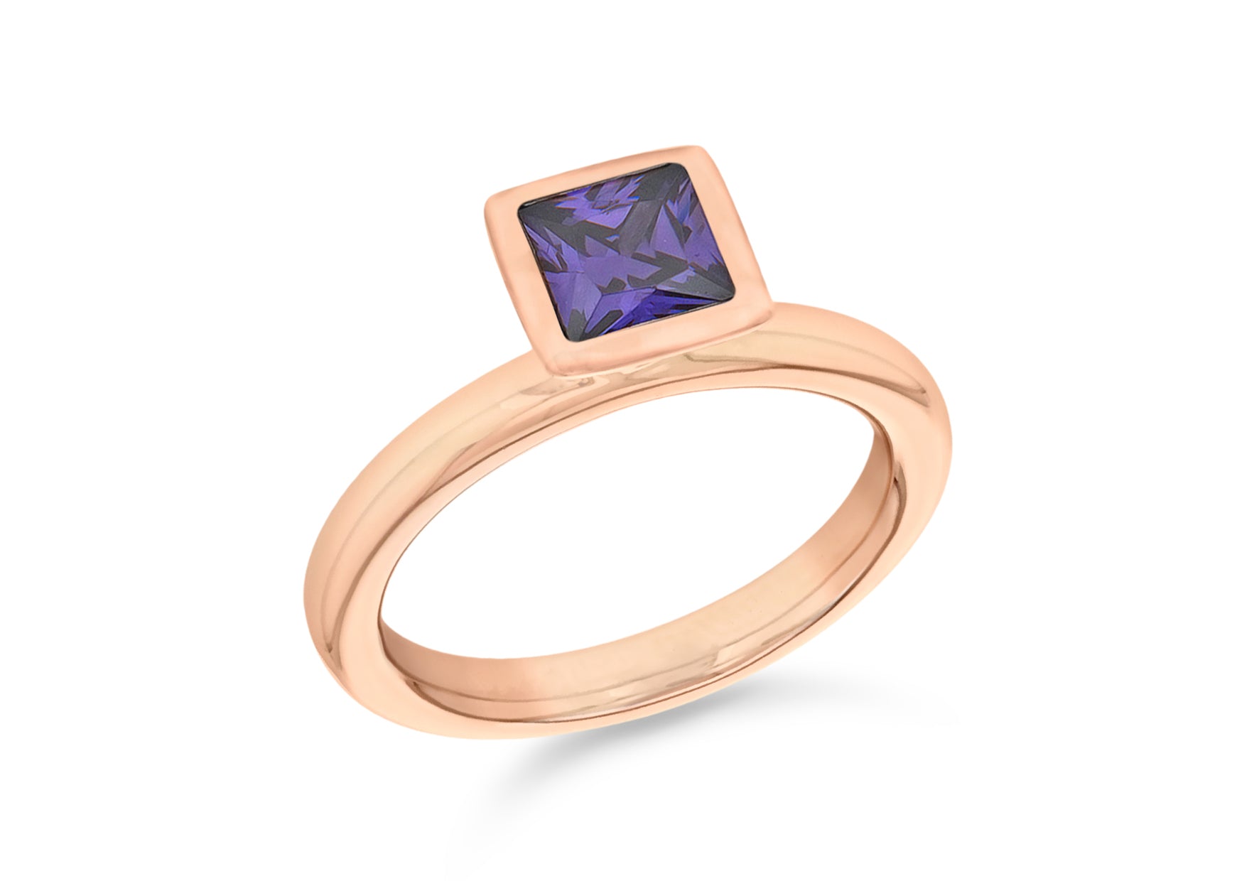 Sterling Silver Rose Gold Plated Square Purple Zirconia Stacking Ring