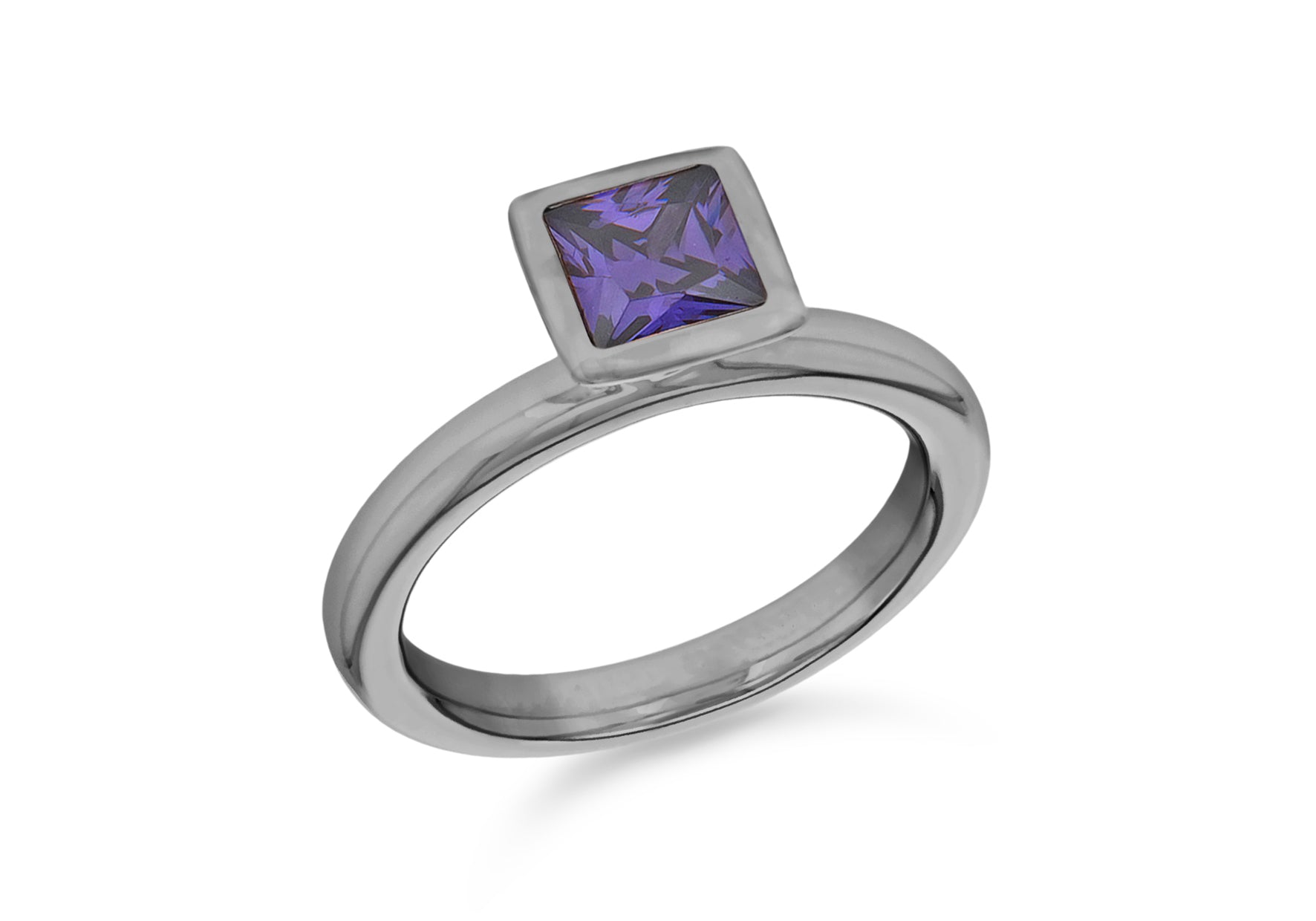 Sterling Silver Black Rhodium Plated Square Purple Zirconia Stacking Ring