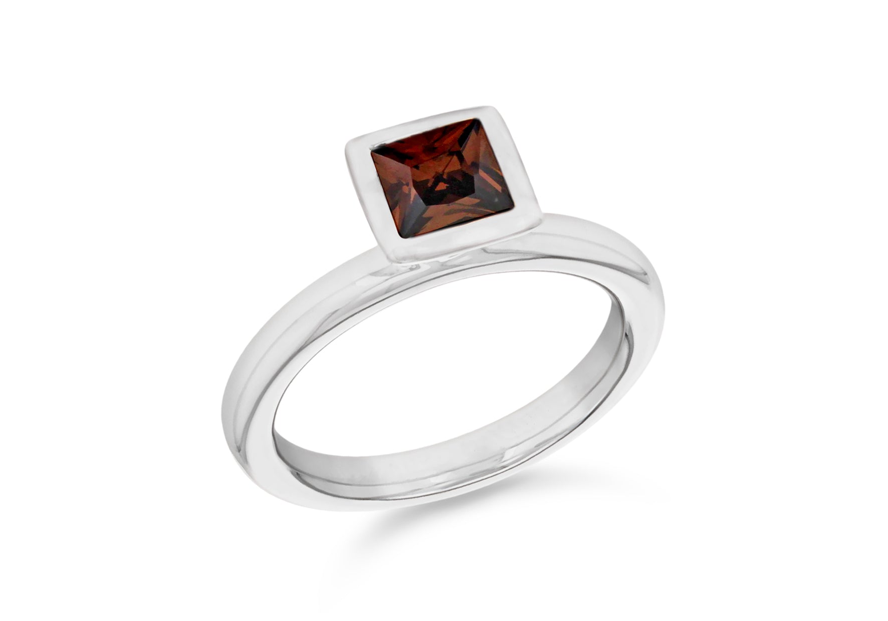 Sterling Silver Rhodium Plated Square Brown Zirconia Stacking Ring