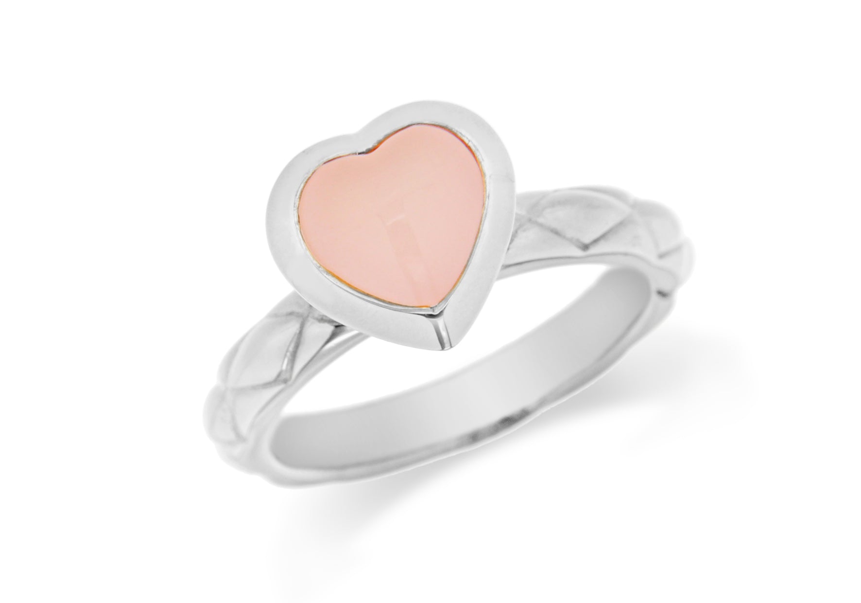 Sterling Silver Rhodium Plated Pink Opaque Crystal Heart Patterned Stacking Ring