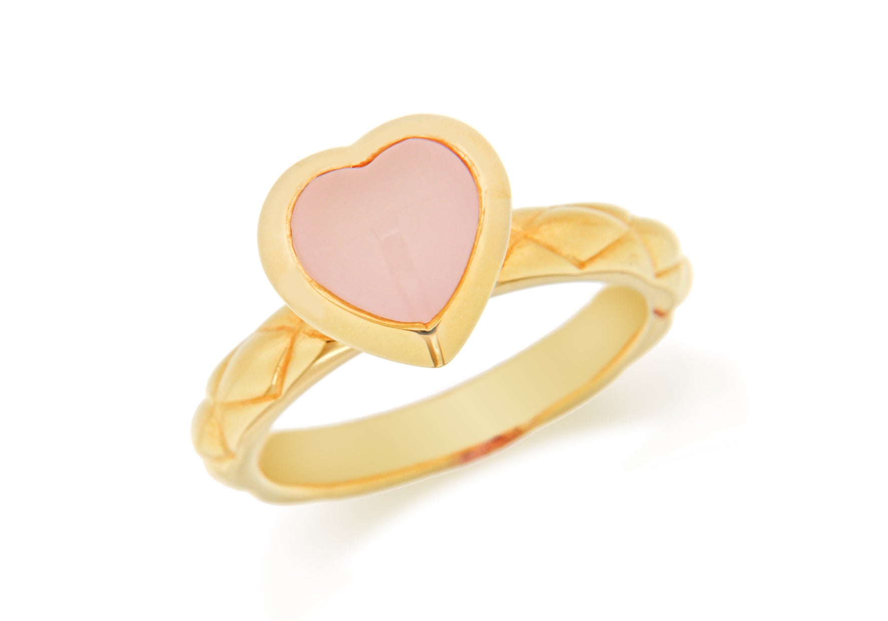 Sterling Silver Yellow Gold Plated Pink Opaque Crystal  Heart Patterned Stacking Ring