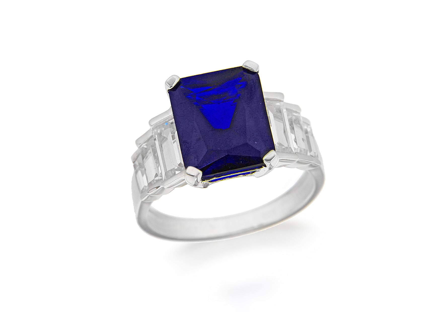 Sterling Silver Rhodium Plated Blue and White Zirconia Graduated Ring