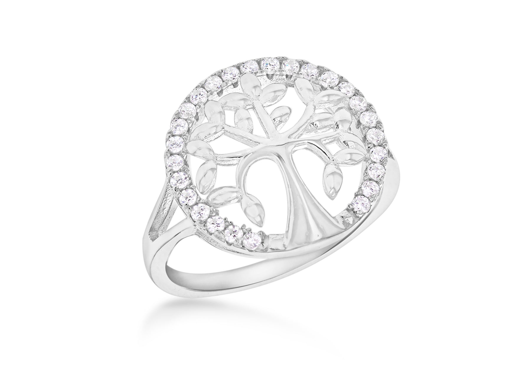Sterling Silver Rhodium Plated Zirconia 15.5mm 'Tree of Life' Ring