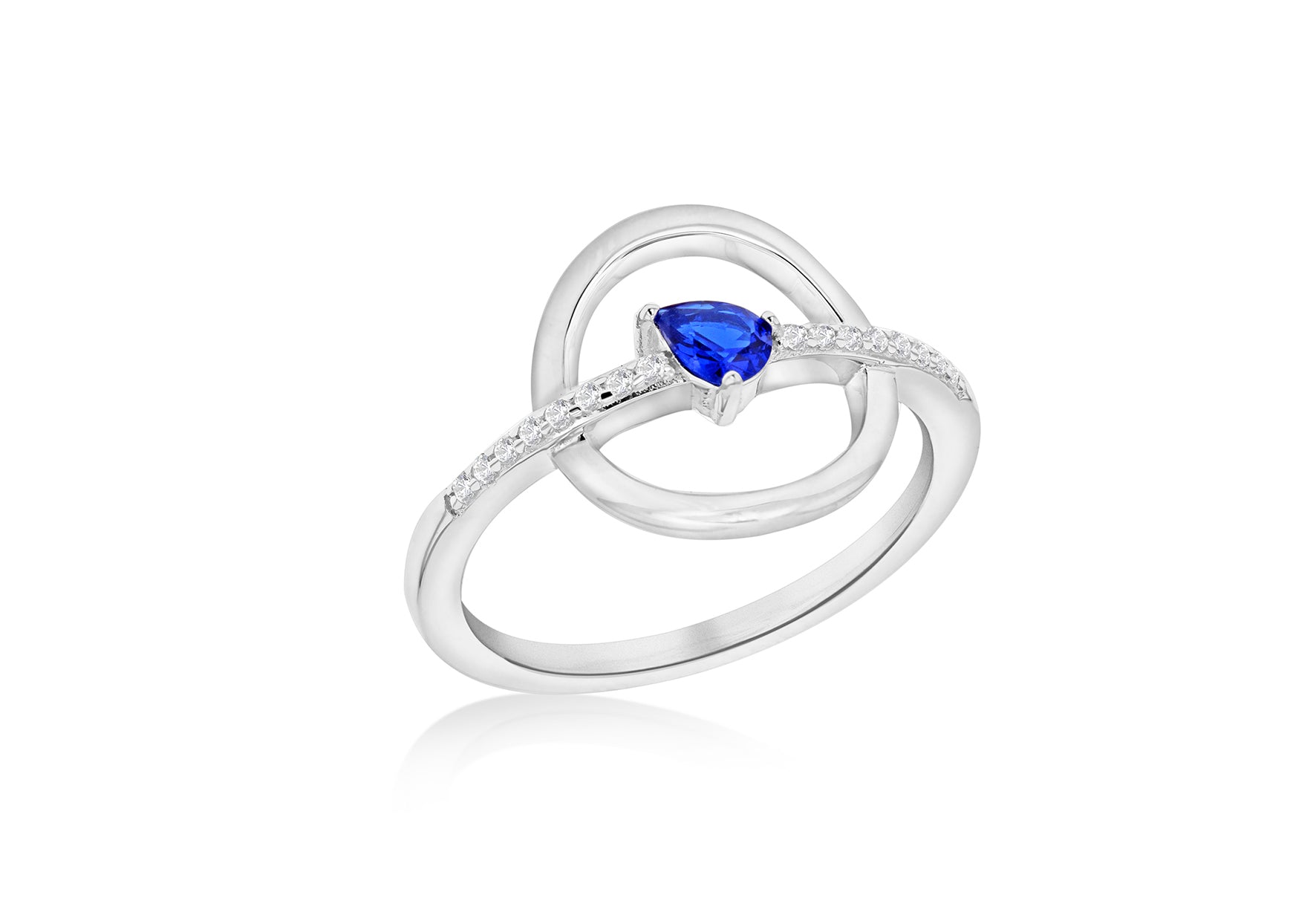 Sterling Silver Rhodium Plated White and Blue Zirconia Circle & Bar Ring