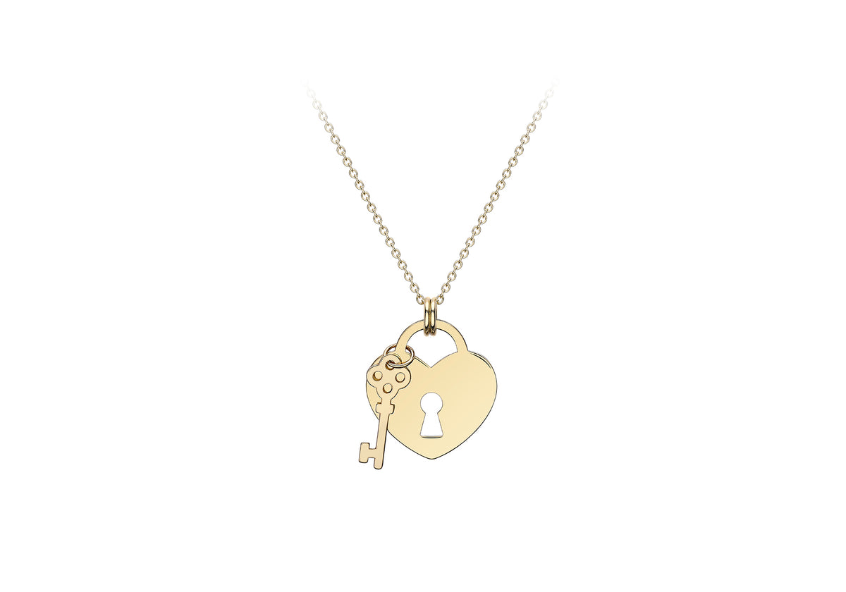 9ct Yellow Gold Heart Padlock and Key Adjustable Necklace