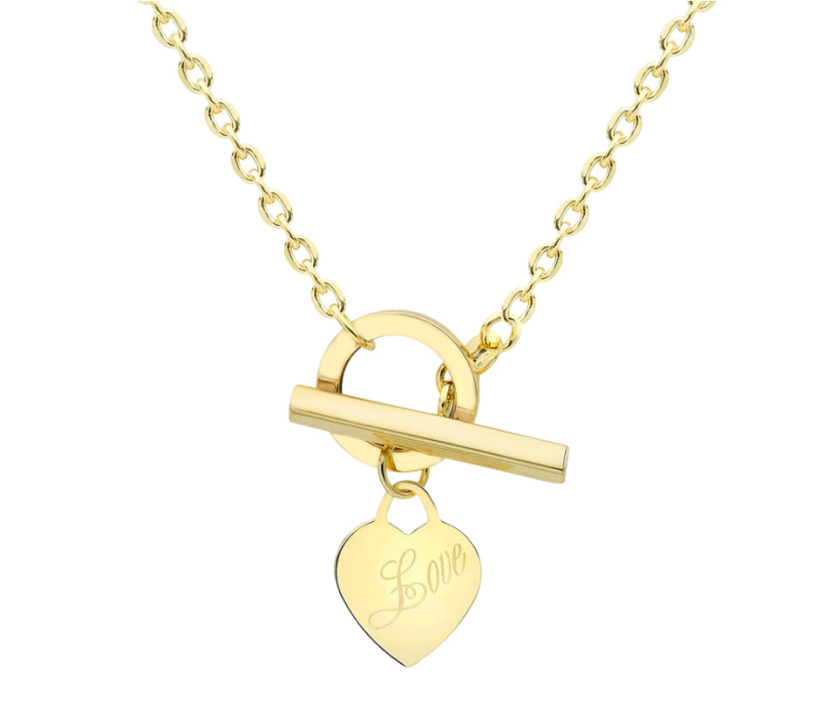 9ct Yellow Gold Tag T-Bar 'Love' Heart Necklace