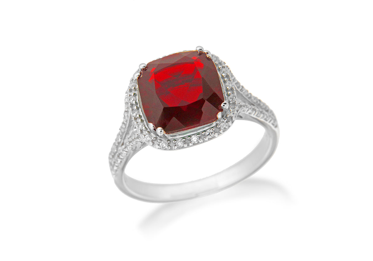 Sterling Silver Rhodium Plated White Zirconia and Square Red Crystal Ring