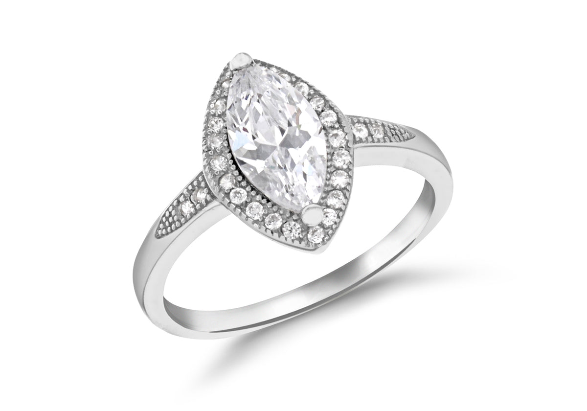 Sterling Silver Rhodium Plated Zirconia Elliptic Cluster Ring