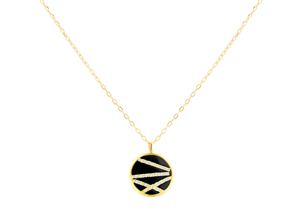 9ct Yellow Gold 0.005ct Diamond Set Black Annular Pendant Necklace