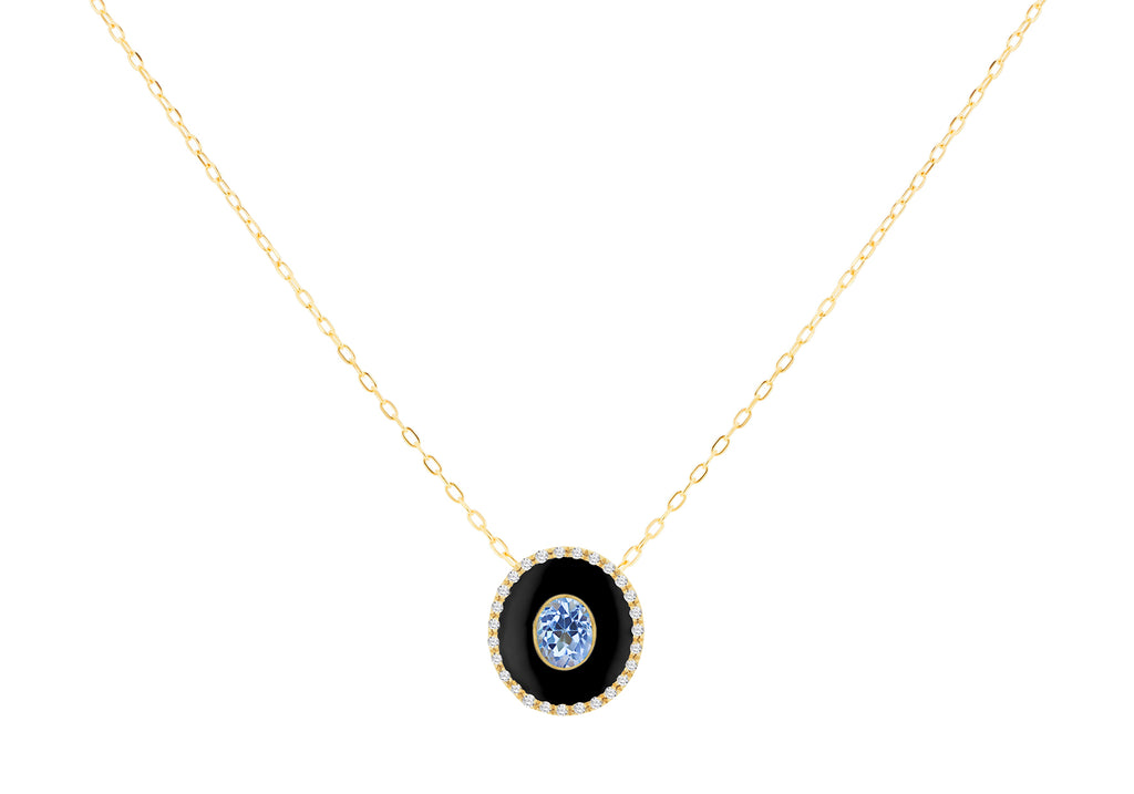 9ct Yellow Gold Blue Topaz Diamond Set Pendant Necklace
