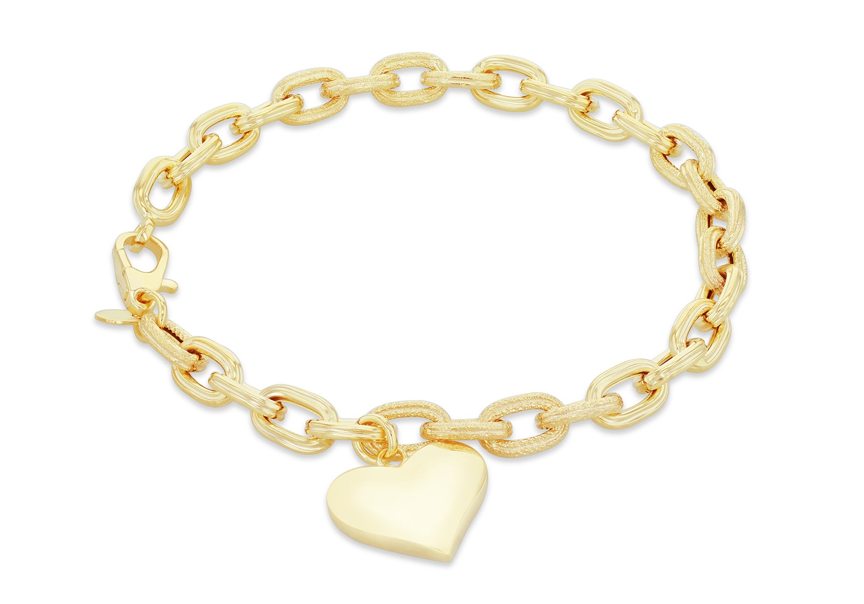 9ct Yellow Gold Heart Charm Grained Links Bracelet