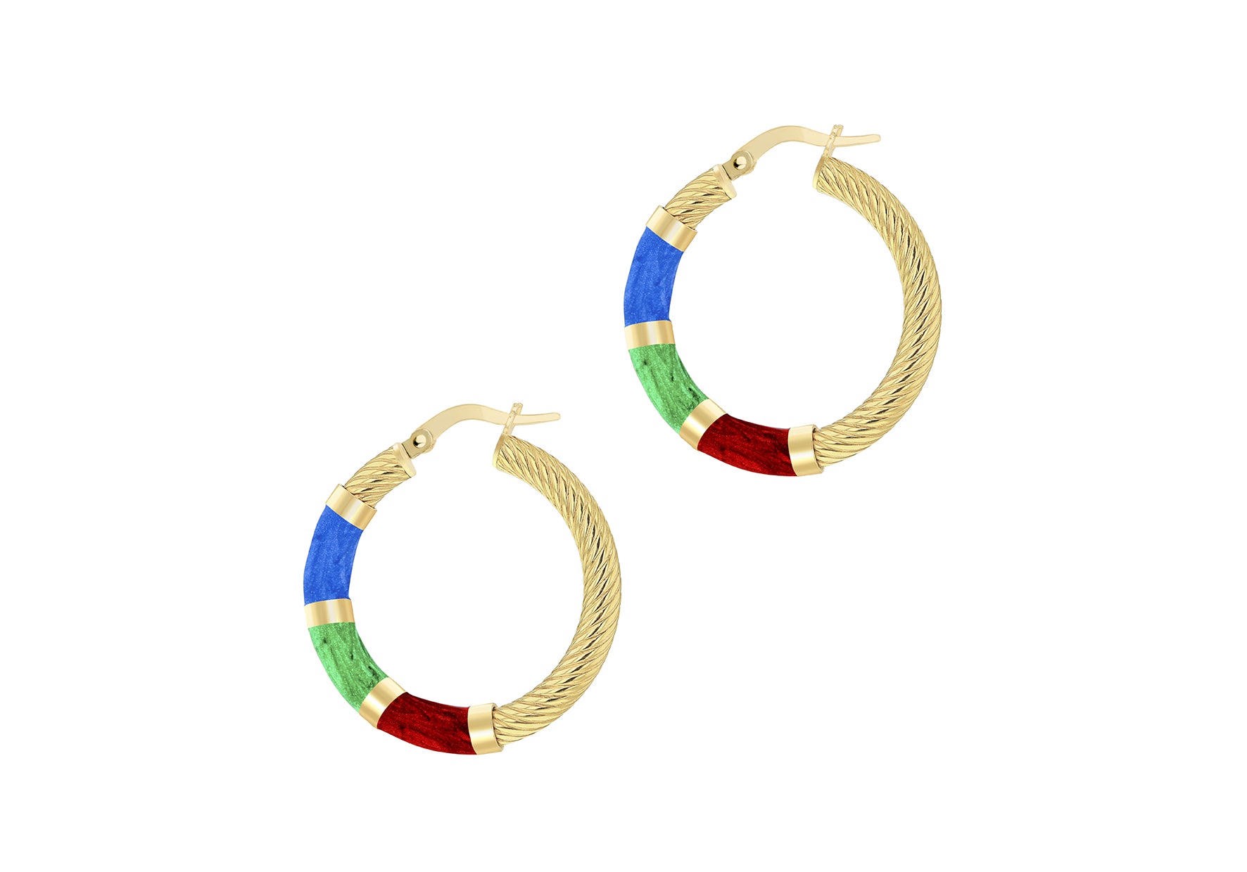 9ct Yellow Gold Blue, Green & Red Glaze Twist Hoop Earrings