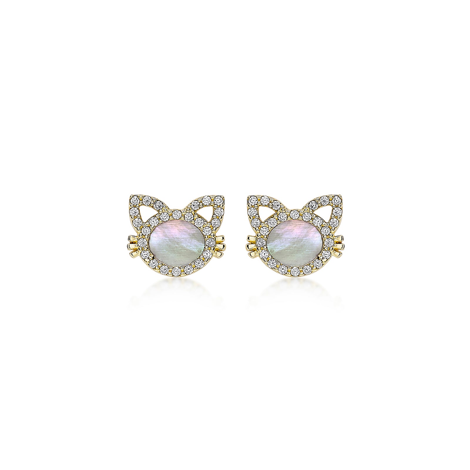 9ct Yellow Gold Mother of Pearl & Pavé Zirconia Cat Stud Earrings