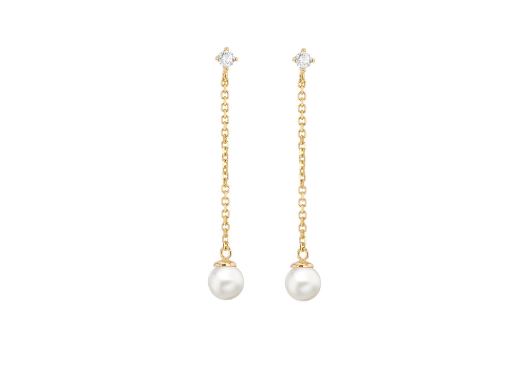 9ct Yellow Gold White Zirconia and Pearl Chain Drop Stud Earrings