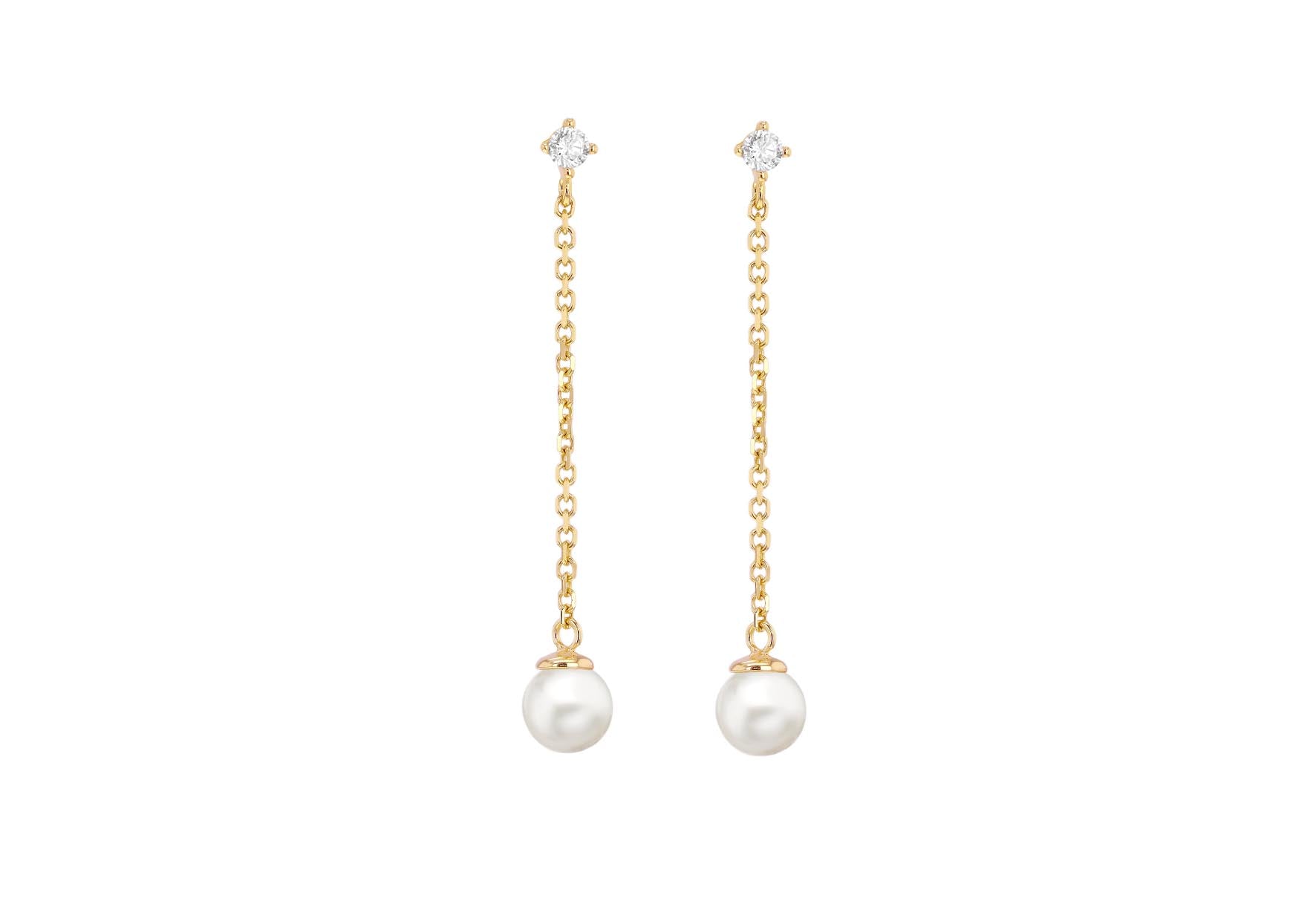 9ct Yellow Gold White Zirconia and Pearl Chain Drop Stud Earrings