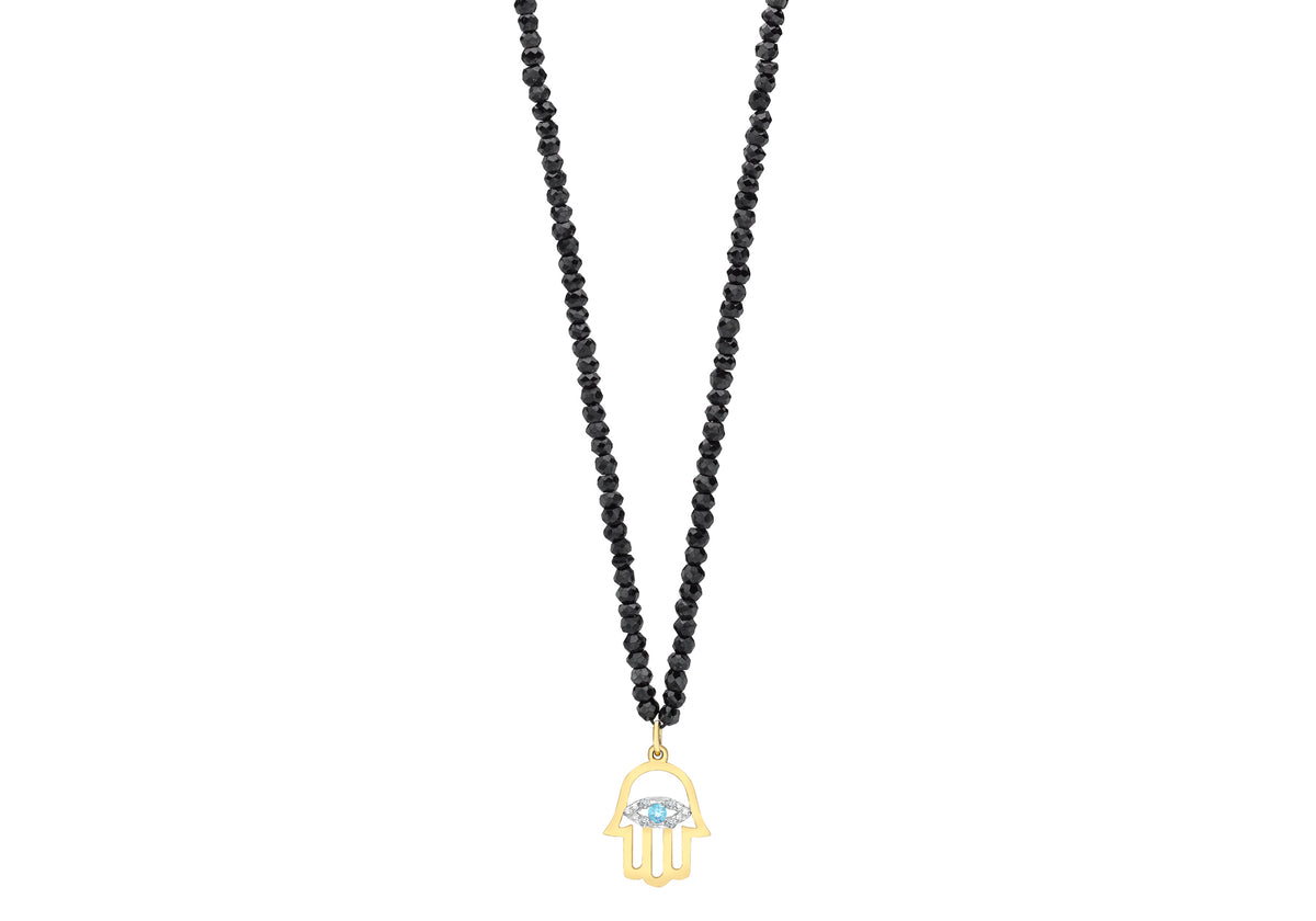 9ct Yellow Gold Blue Topaz 0.02ct Diamond & Black Spinel Hamsa Hand Necklace