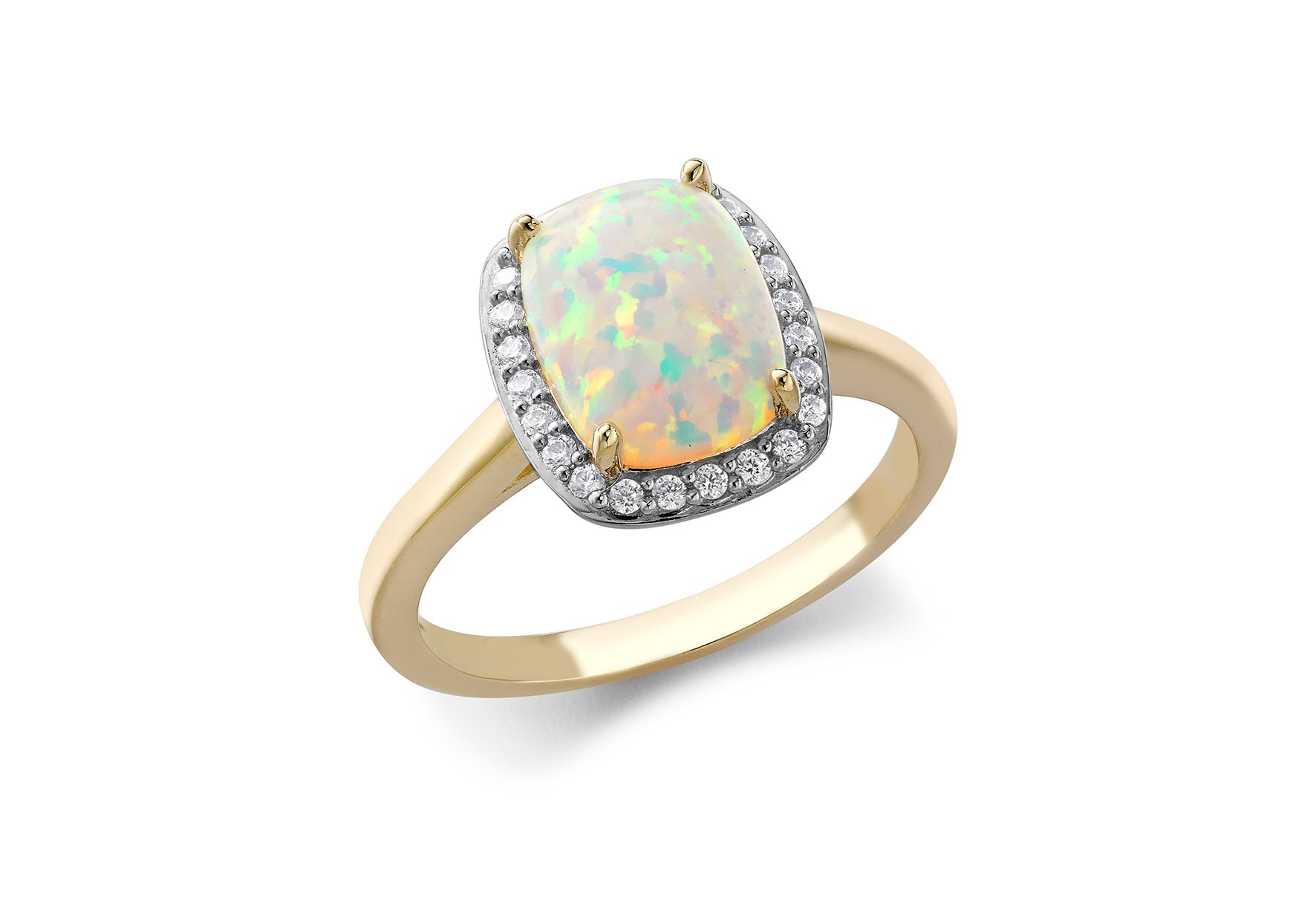 9ct Yellow Gold White Zirconia & Square Halo Opal Ring