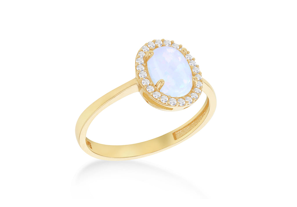 9ct Yellow Gold White Opal & White Zirconia Oval Halo Ring