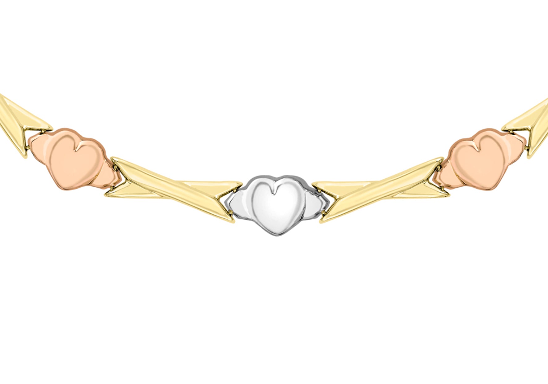 9ct 3-Tone Gold Hearts & Kisses Station Necklace