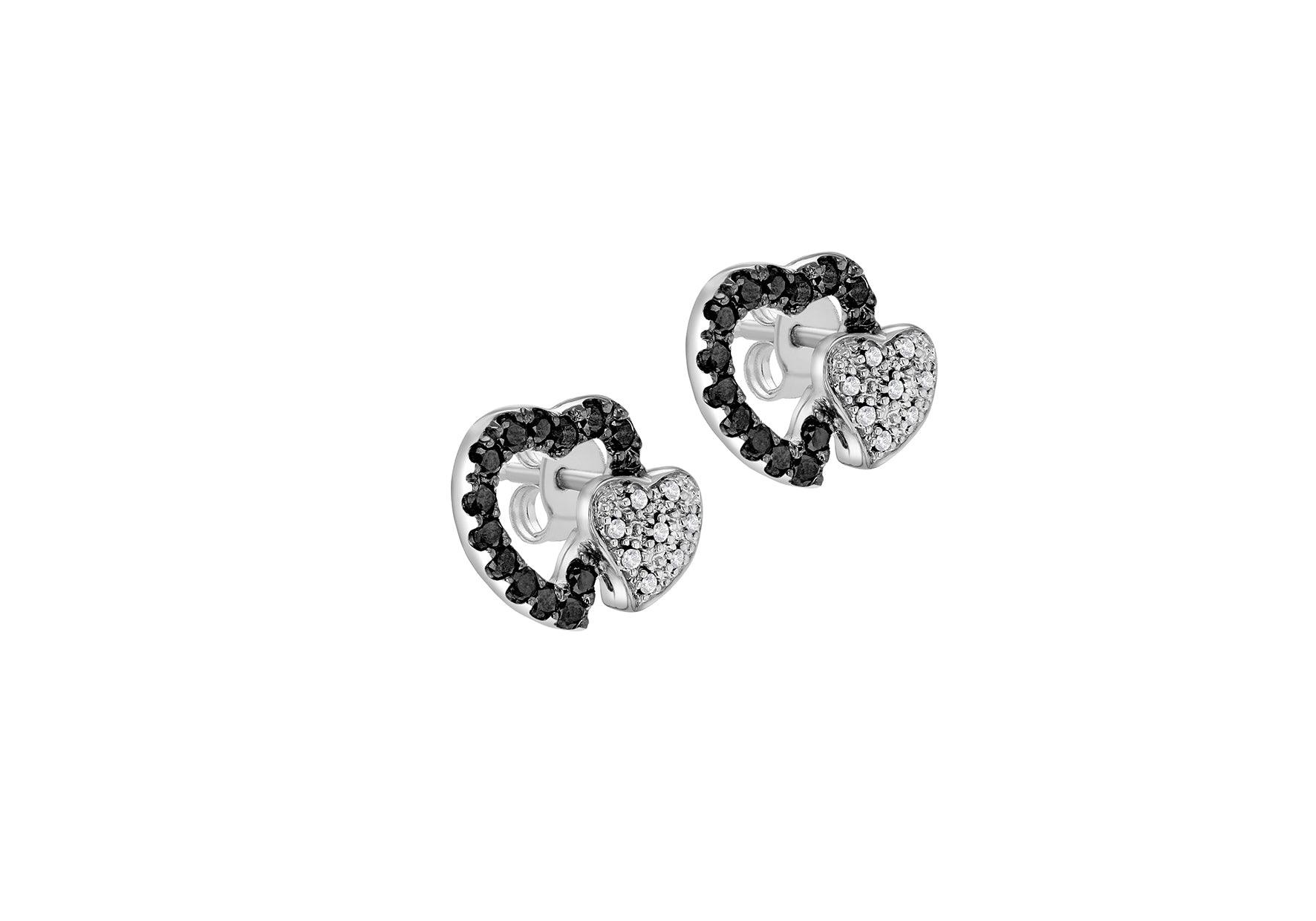 9ct White Gold 0.40ct Black & White Diamond Double Heart Stud Earrings