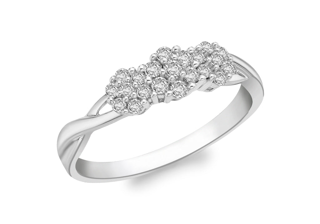 9ct White Gold 0.025ct Diamond Triple Cluster Ring