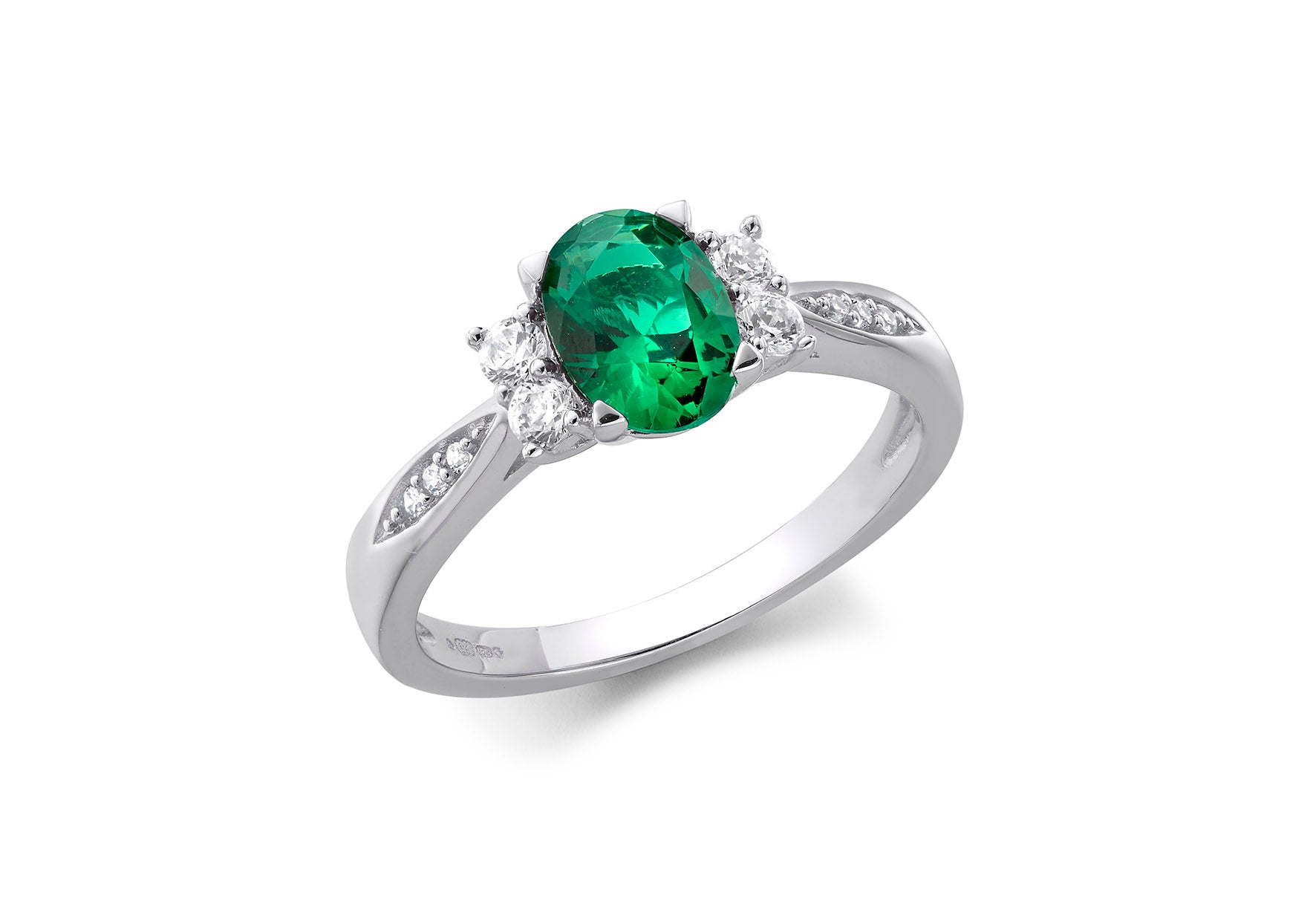 9ct White Gold Nano Emerald & Zirconia Shoulder Ring