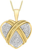 A yellow gold heart-shaped pendant necklace with pavé-set clear stones on two side panels and a twisted wrap design, shown on a white background with a gold chain.