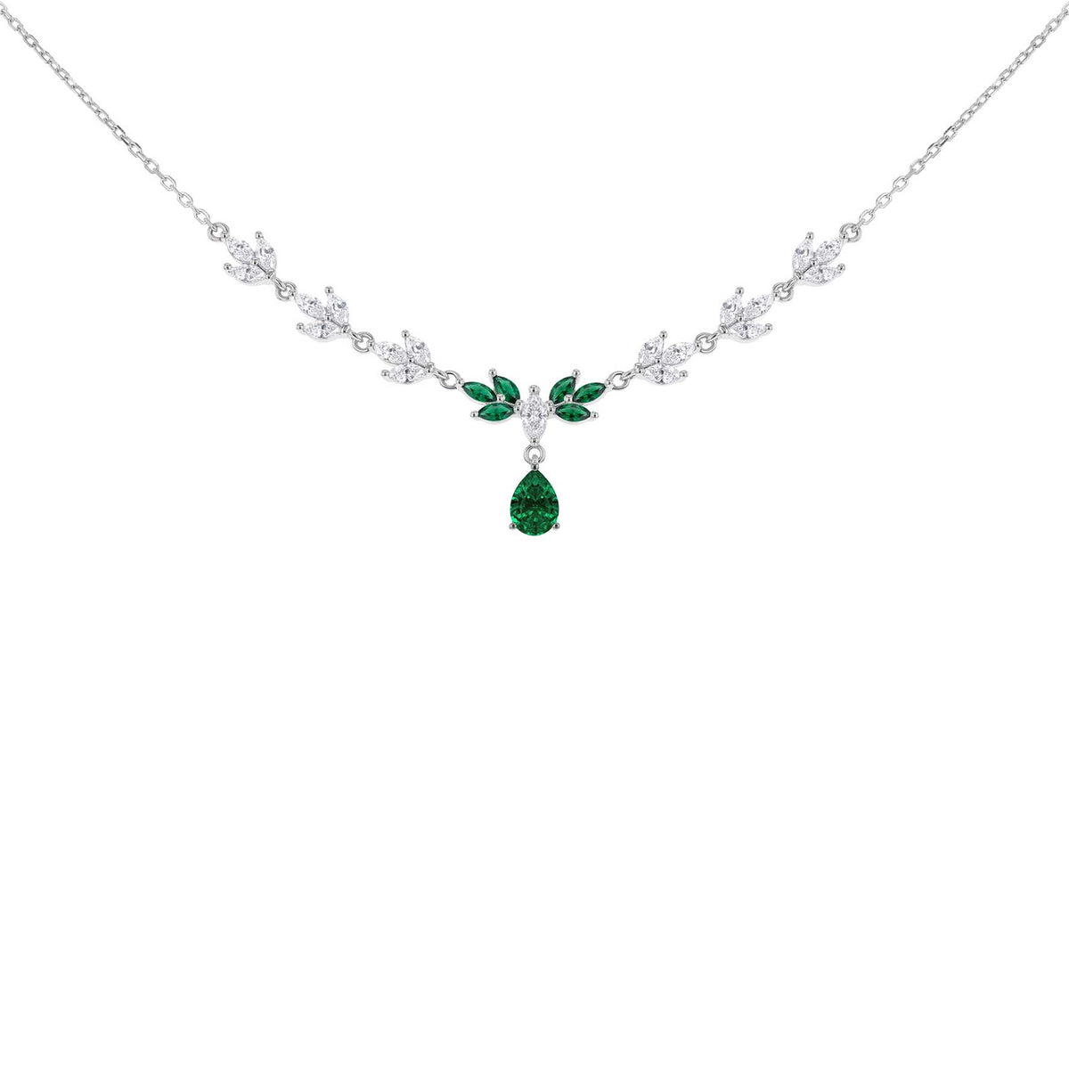 Sterling Silver Rhodium-Plated Green & White Marquise Teardrop Zirconia Necklace