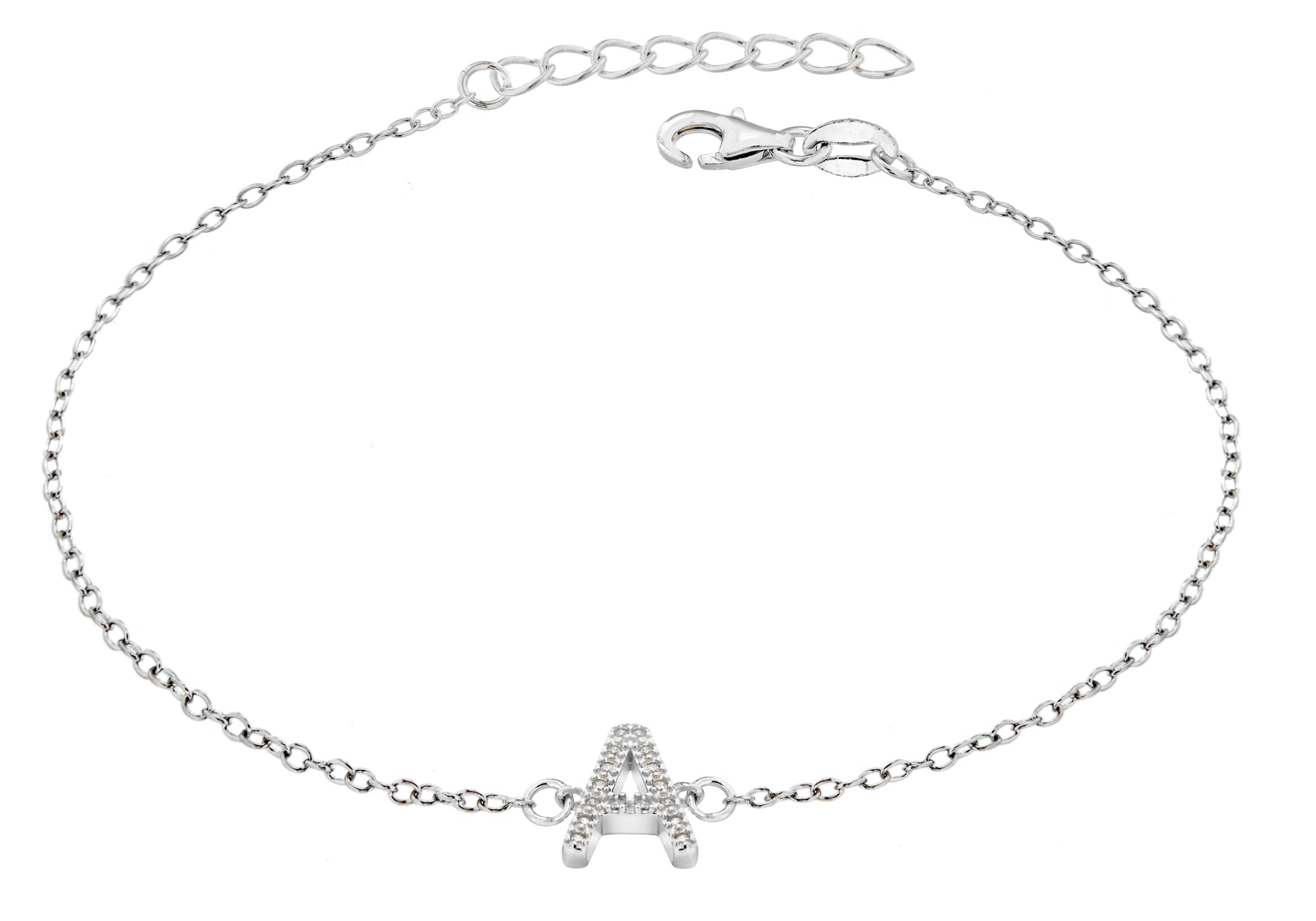Sterling Silver Rhodium Plated Zirconia 'A' Initial Bracelet