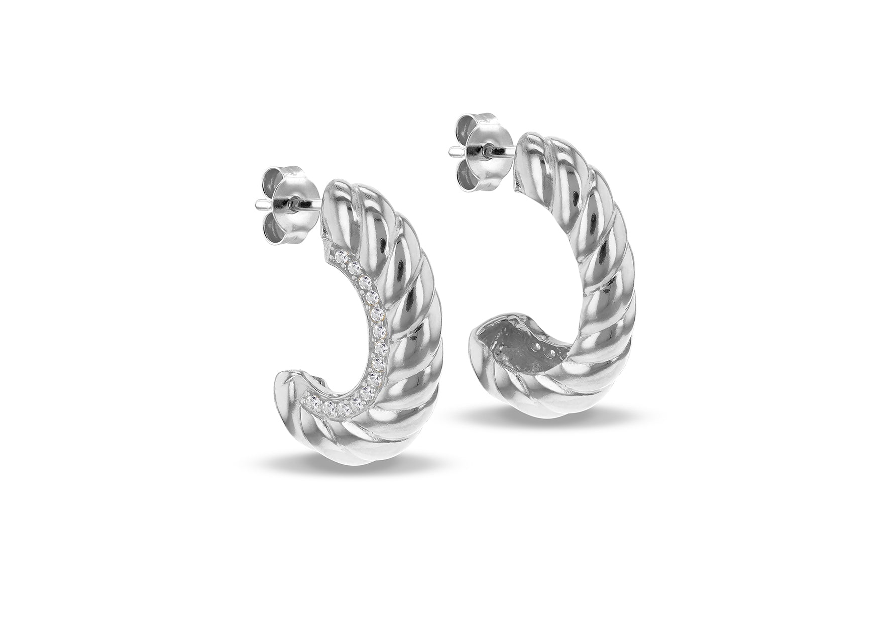Sterling Silver Twisted Ribbed Zirconia Open Hoop Earrings
