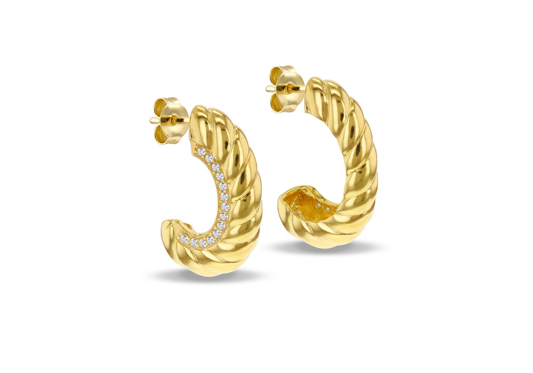 Gold Plated Sterling Silver Ribbed Zirconia Open Hoop Earrings