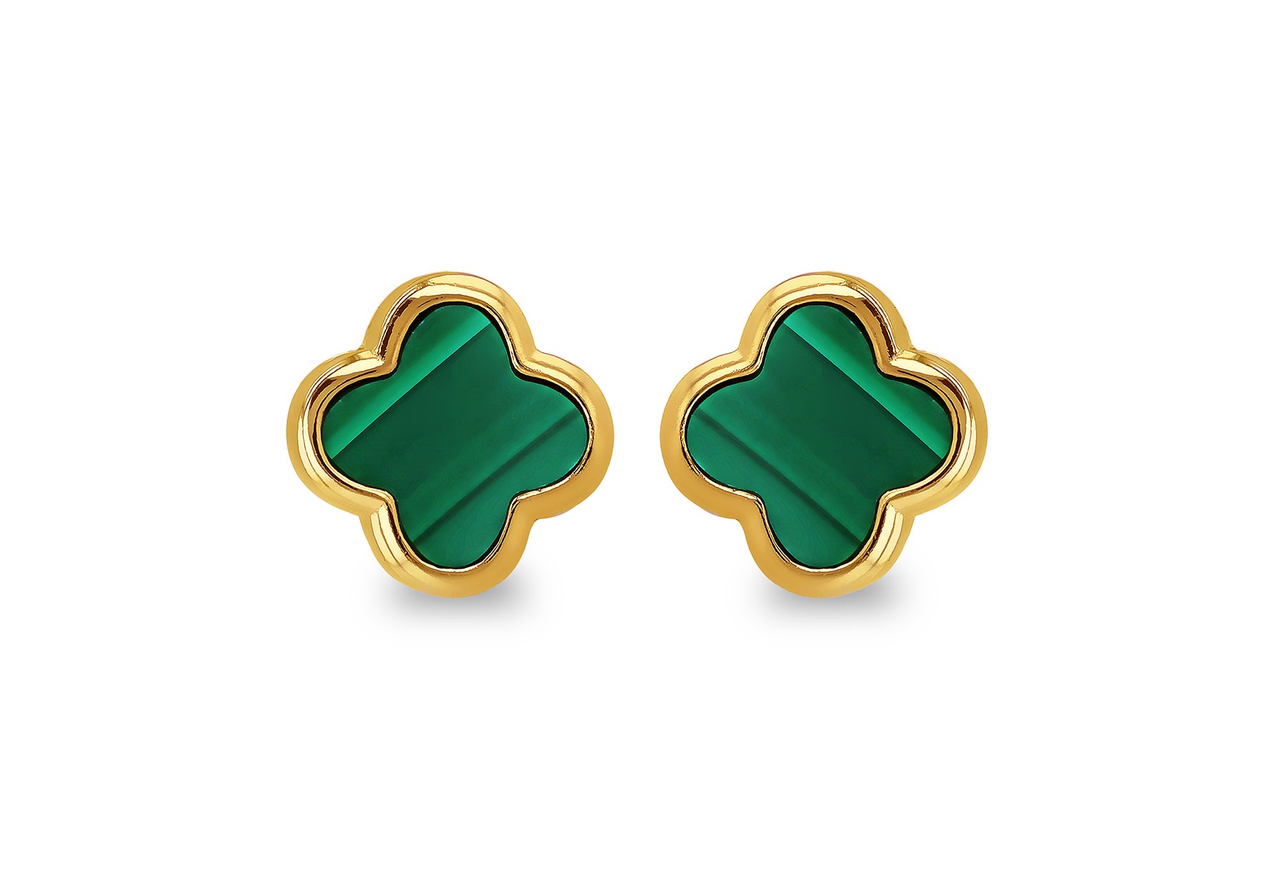 Yellow Gold Plated Sterling Silver Malachite Clover Stud Earrings